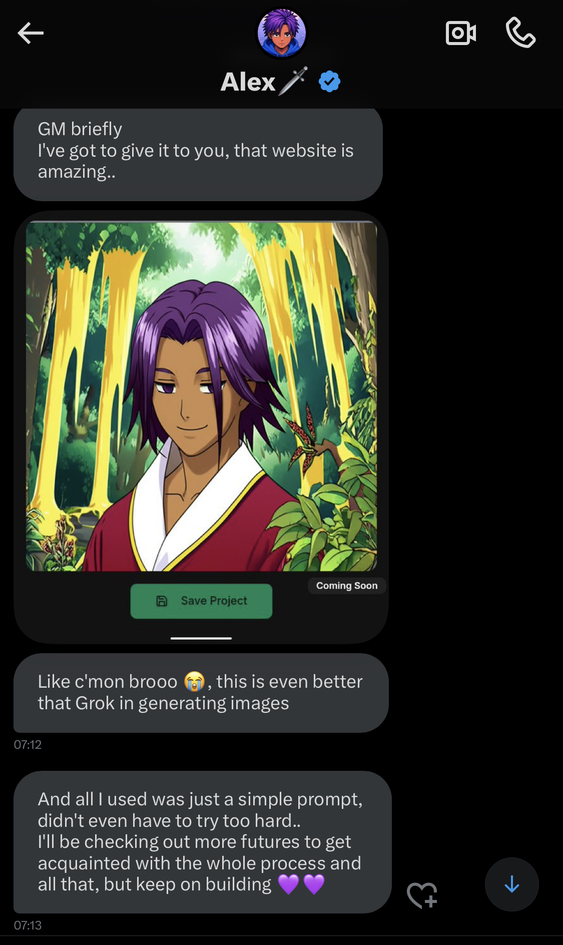 Screenshot of user Alex's positive feedback about KorbinAI's image generation, stating it's 'amazing' and 'even better than Grok in generating images'.